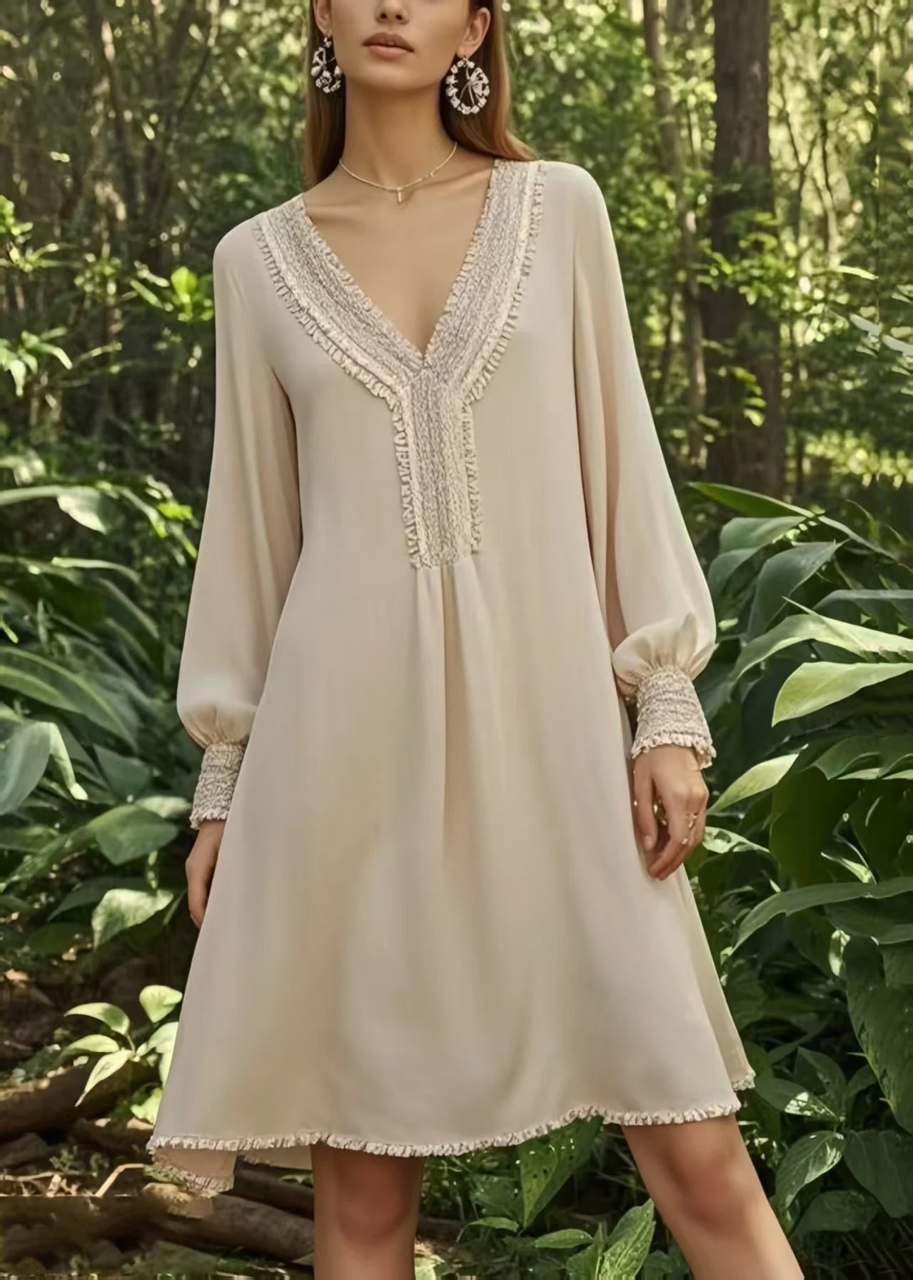 Handmade Apricot V Neck Draping Chiffon Day Dress Spring - Image 3