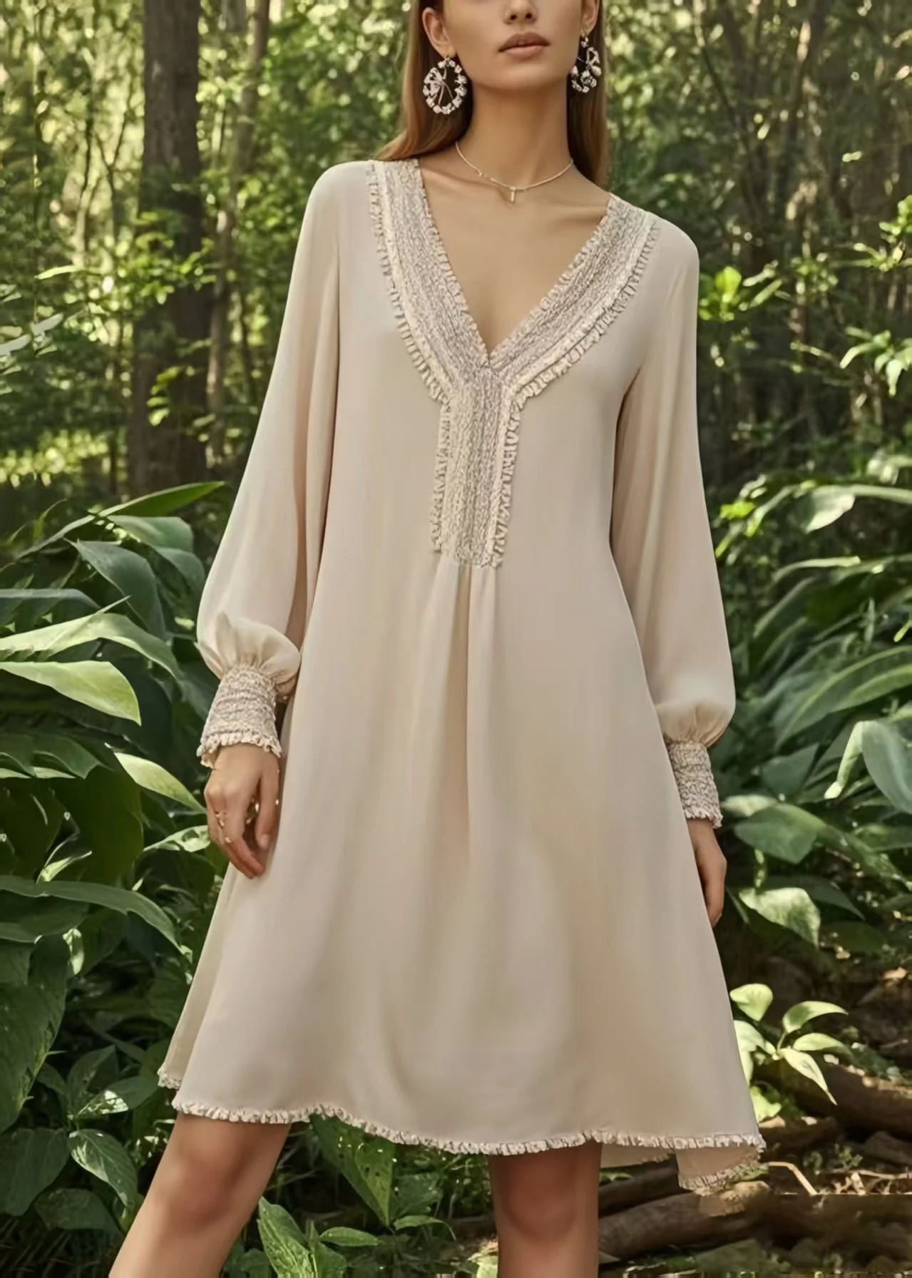 Handmade Apricot V Neck Draping Chiffon Day Dress Spring - Image 5