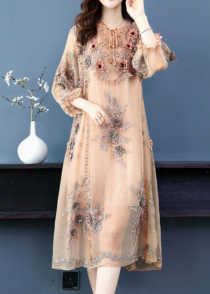 Handmade Apricot V Neck Embroideried Floral Silk Maxi Dress Long Sleeve - Image 2