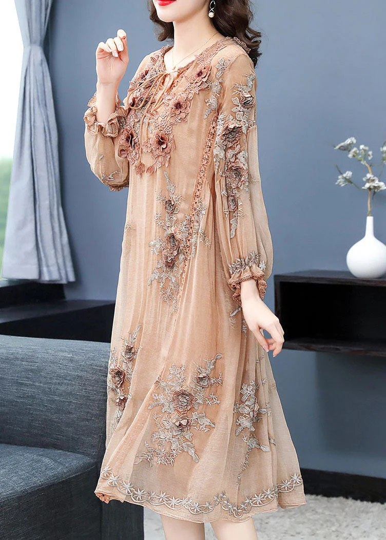 Handmade Apricot V Neck Embroideried Floral Silk Maxi Dress Long Sleeve - Image 3