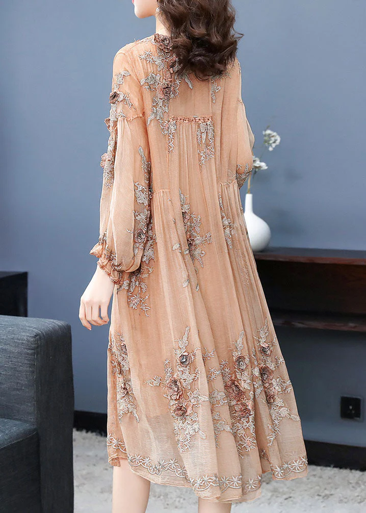 Handmade Apricot V Neck Embroideried Floral Silk Maxi Dress Long Sleeve - Image 4