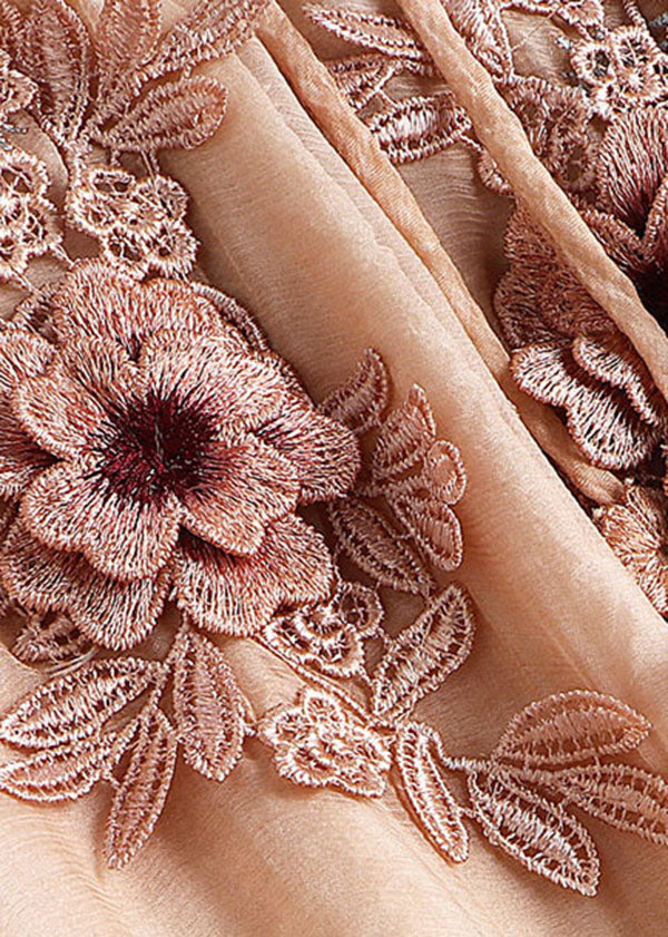 Handmade Apricot V Neck Embroideried Floral Silk Maxi Dress Long Sleeve - Image 5