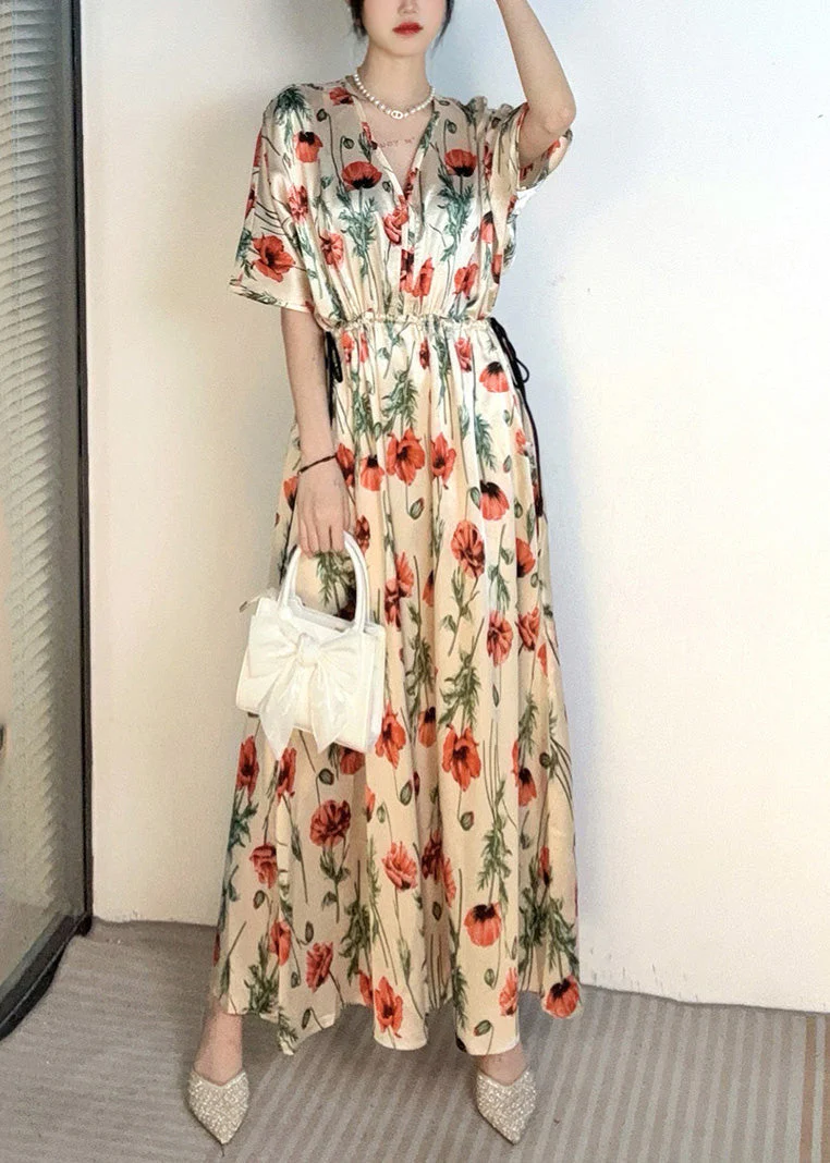 Handmade Apricot V Neck Print Cinched Holiday Long Dress Summer - Image 2