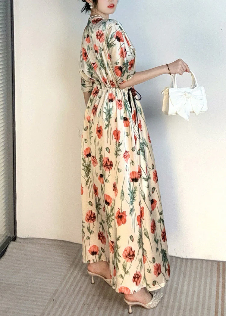 Handmade Apricot V Neck Print Cinched Holiday Long Dress Summer - Image 3