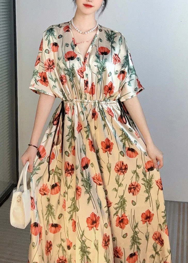 Handmade Apricot V Neck Print Cinched Holiday Long Dress Summer - Image 4