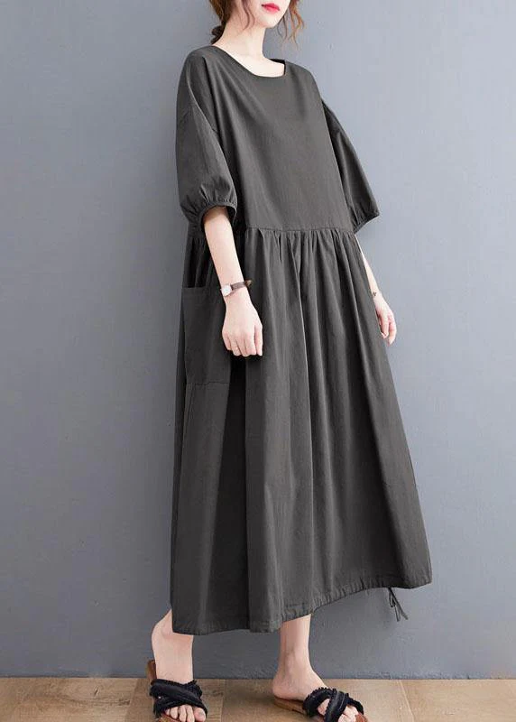 Handmade Army Green Cinched O Neck Vacation Dresses Puff Sleeve - Image 3