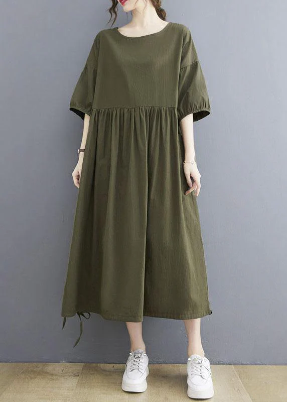 Handmade Army Green Cinched O Neck Vacation Dresses Puff Sleeve - Image 4