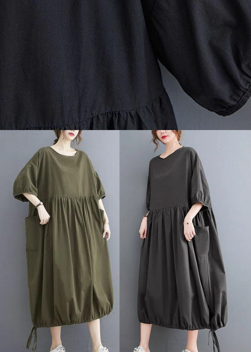 Handmade Army Green Cinched O Neck Vacation Dresses Puff Sleeve - Image 5