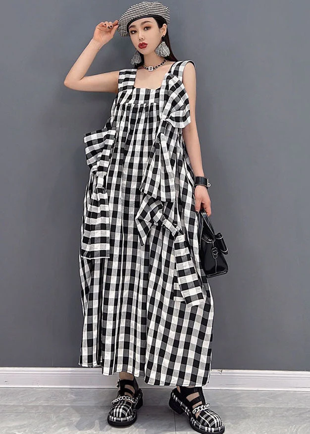 Handmade Asymmetrical Plaid Linen Loose Holiday Strap Dress Summer - Image 2
