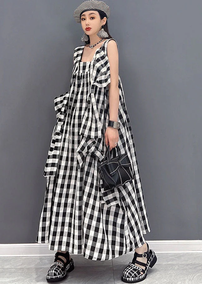 Handmade Asymmetrical Plaid Linen Loose Holiday Strap Dress Summer - Image 3