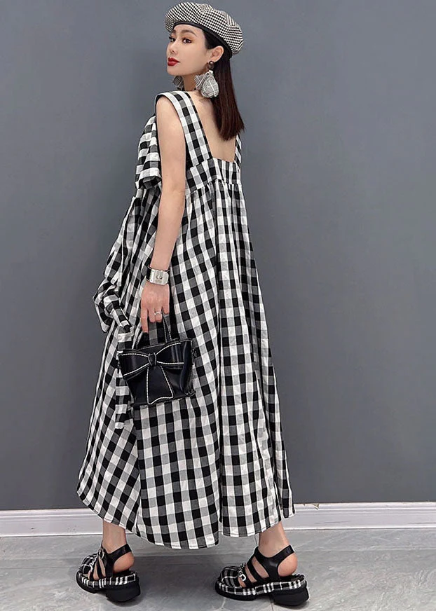 Handmade Asymmetrical Plaid Linen Loose Holiday Strap Dress Summer - Image 4