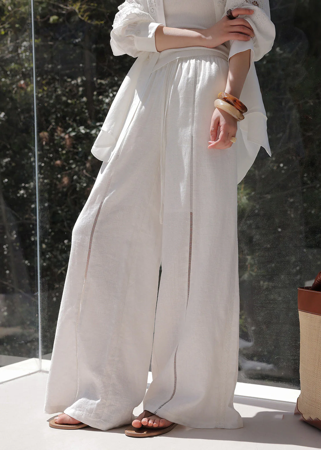 Handmade Beige Elastic Waist Patchwork Wide Leg Pants Spring - Image 5