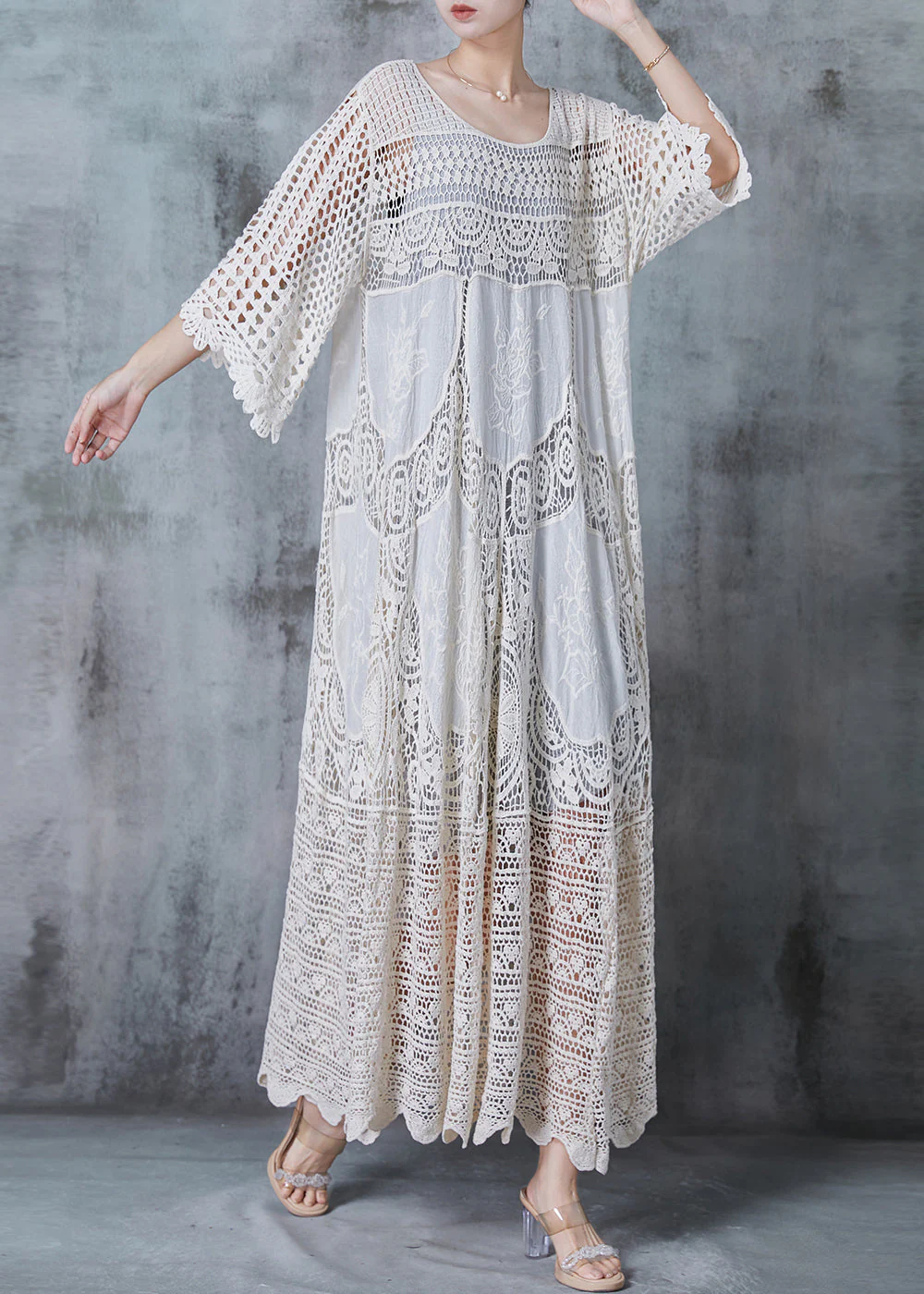 Handmade Beige Embroidered Hollow Out Knit Dress Summer - Image 2