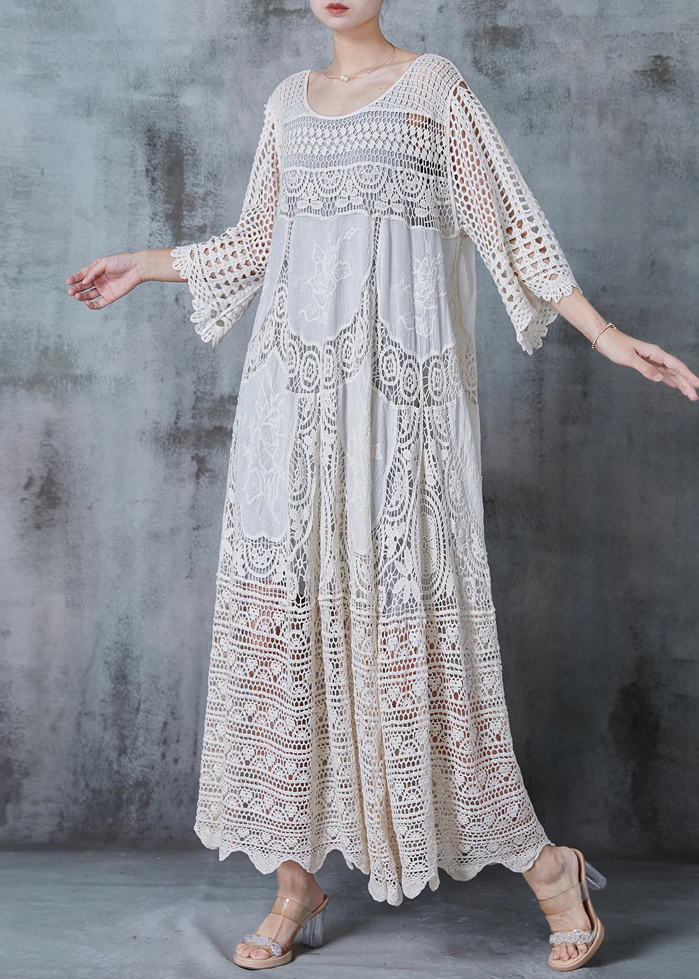 Handmade Beige Embroidered Hollow Out Knit Dress Summer - Image 3
