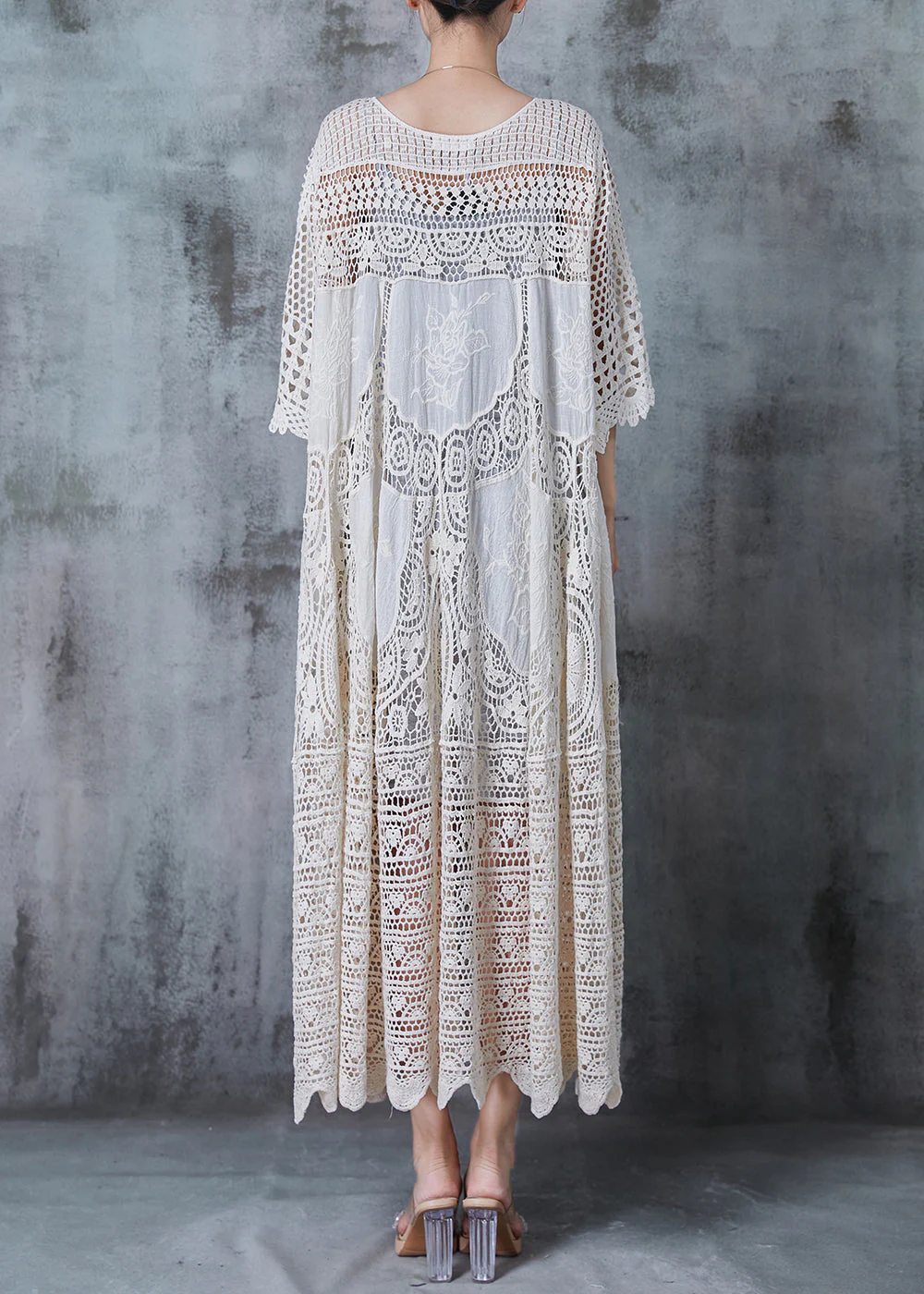 Handmade Beige Embroidered Hollow Out Knit Dress Summer - Image 4