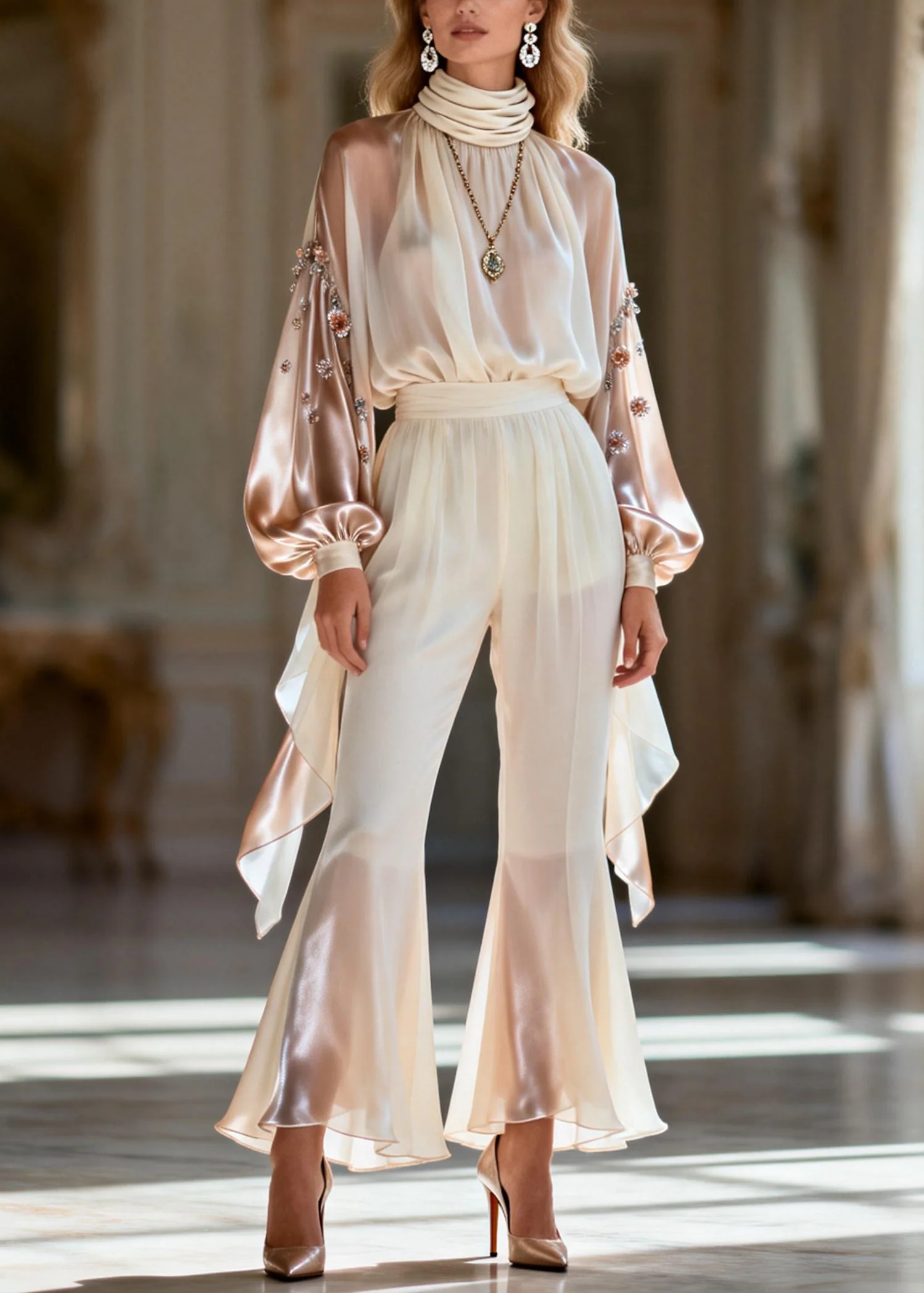Handmade Beige Gradient Color Zircon Silk Patchwork Chiffon Two Pieces Set Spring - Image 3