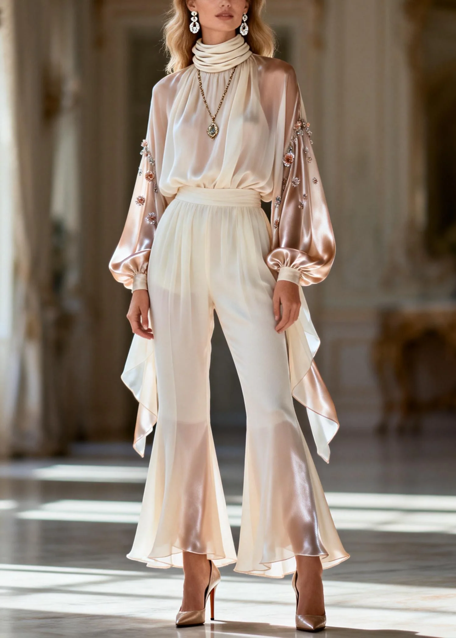 Handmade Beige Gradient Color Zircon Silk Patchwork Chiffon Two Pieces Set Spring - Image 5