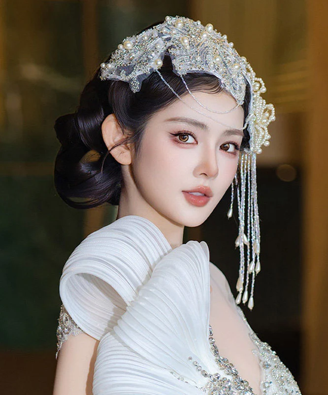 Handmade Beige Lace Floral Pearl Beading Zircon Tassel HairPiece - Image 4