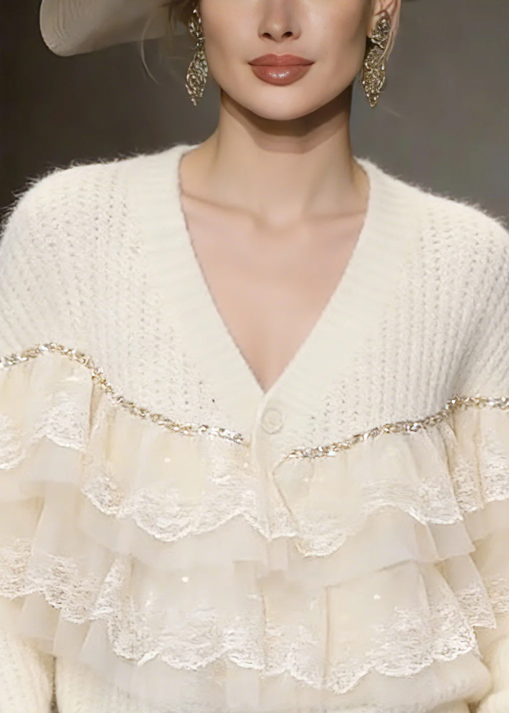 Handmade Beige Lace Patchwork Cotton Knit Cardigans Spring - Image 3