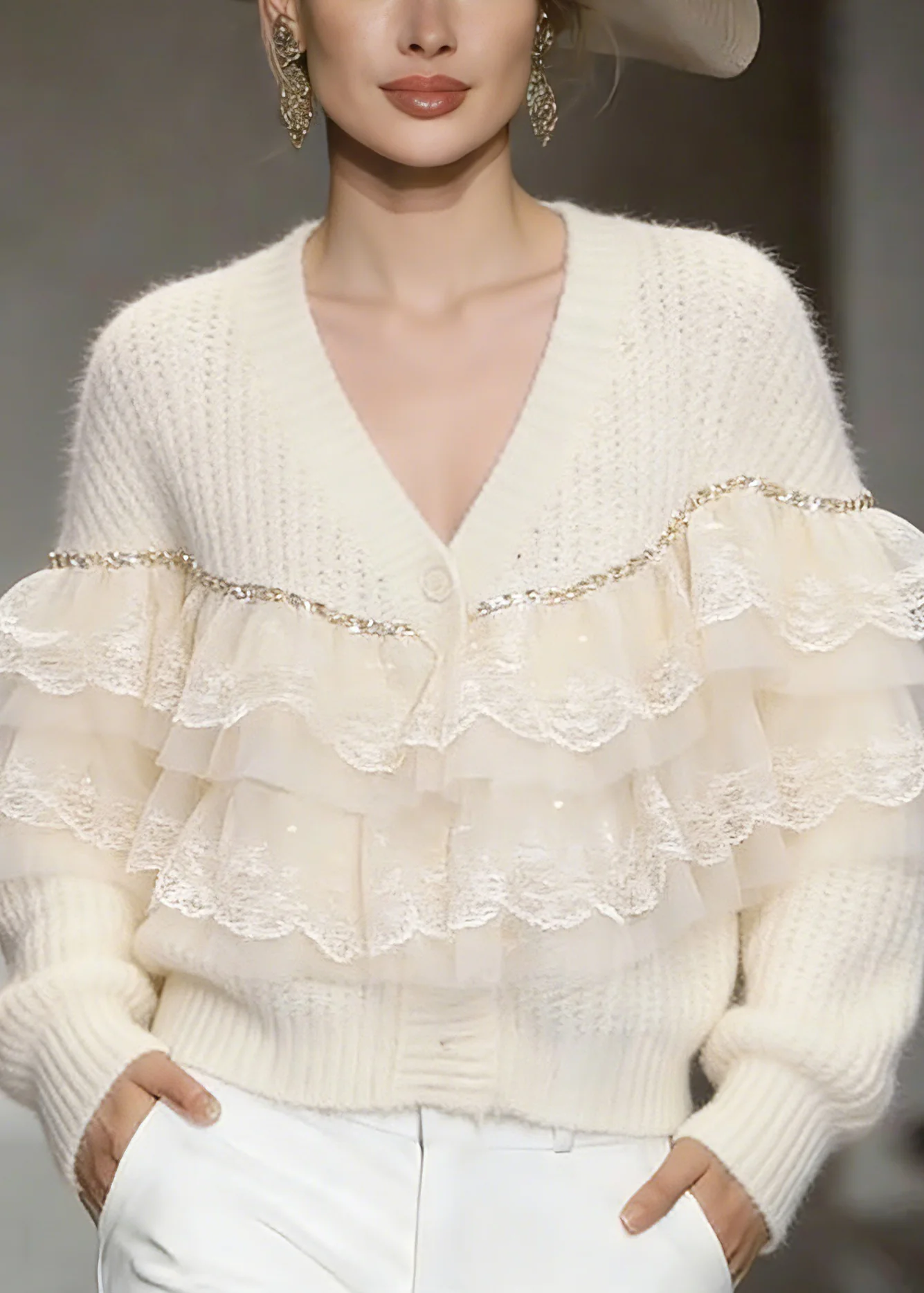 Handmade Beige Lace Patchwork Cotton Knit Cardigans Spring - Image 5