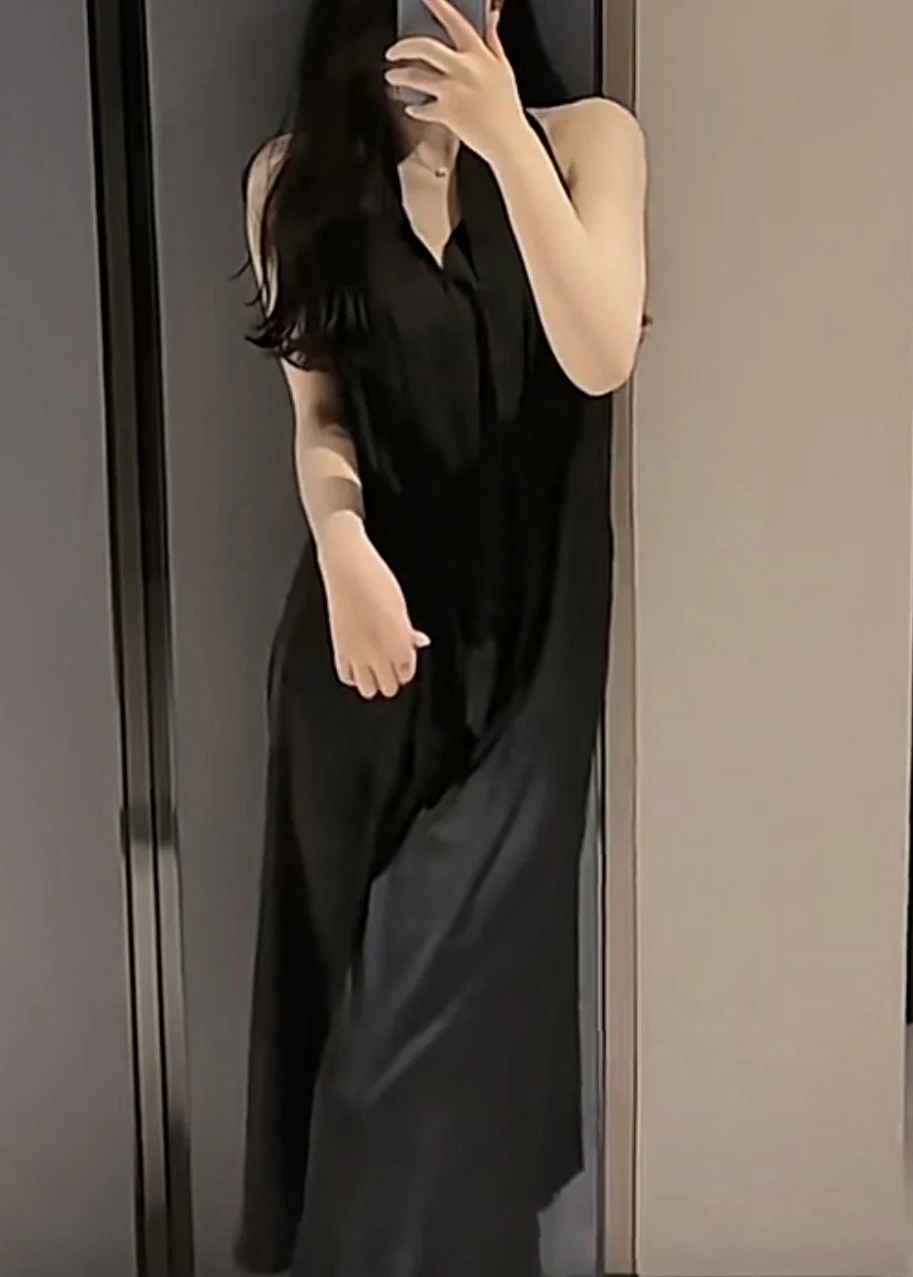 Handmade Beige Neck Tie Holiday Chiffon Maxi Dress Sleeveless - Image 2