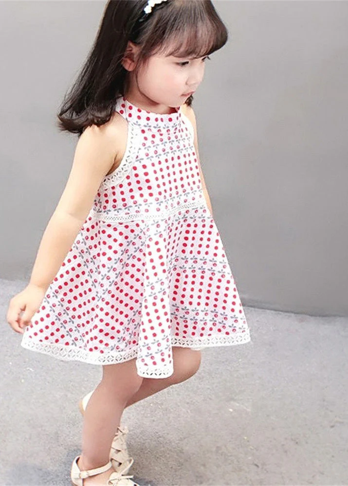 Handmade Beige O-Neck Print Patchwork Baby Mid Dress Sleeveless - Image 2