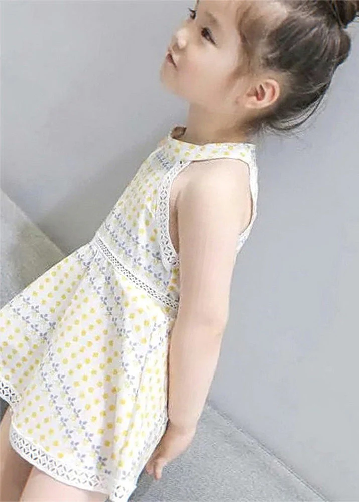 Handmade Beige O-Neck Print Patchwork Baby Mid Dress Sleeveless - Image 4