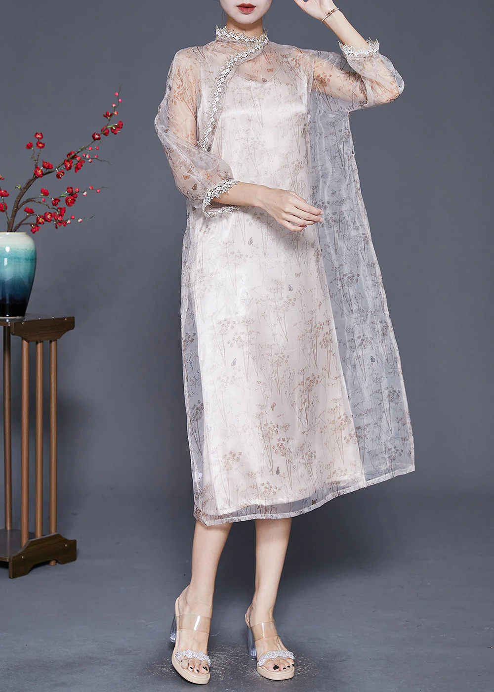Handmade Beige Stand Collar Patchwork Lace Organza Maxi Dress Bracelet Sleeve - Image 2