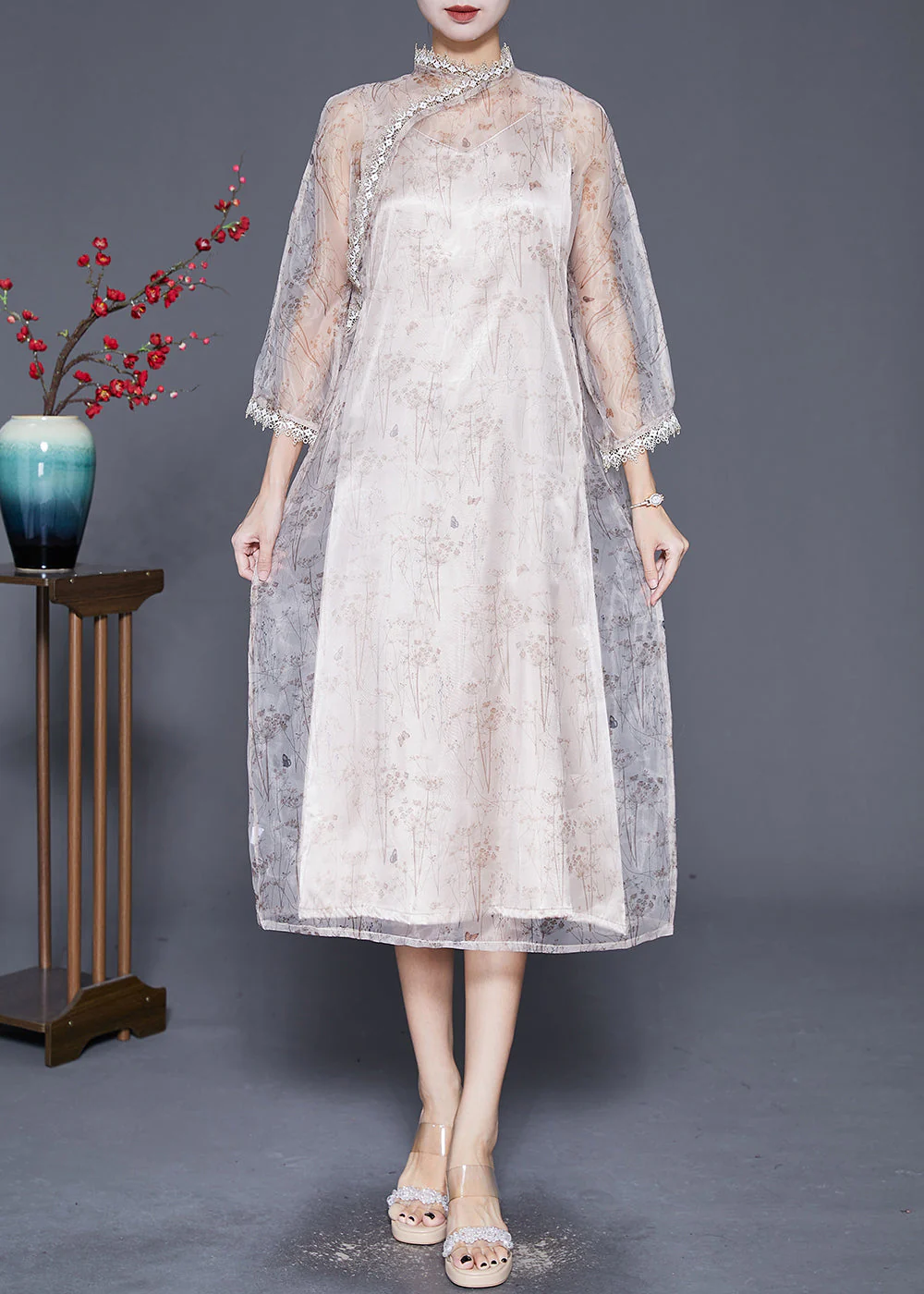 Handmade Beige Stand Collar Patchwork Lace Organza Maxi Dress Bracelet Sleeve - Image 3