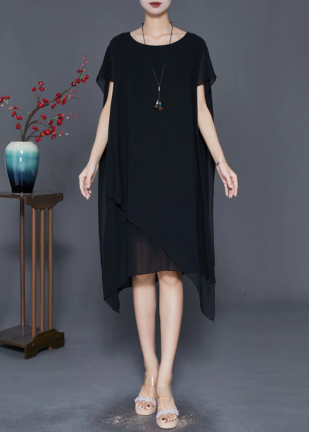Handmade Black Asymmetrical Design Chiffon Maxi Dresses Summer - Image 3