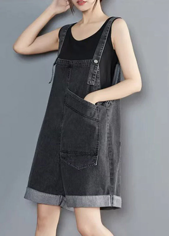 Handmade Black Asymmetrical Patchwork Pockets Denim Jumpsuit Sleeveless - Image 3