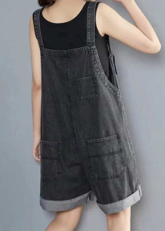 Handmade Black Asymmetrical Patchwork Pockets Denim Jumpsuit Sleeveless - Image 4