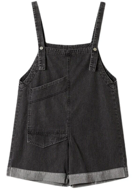 Handmade Black Asymmetrical Patchwork Pockets Denim Jumpsuit Sleeveless - Image 5