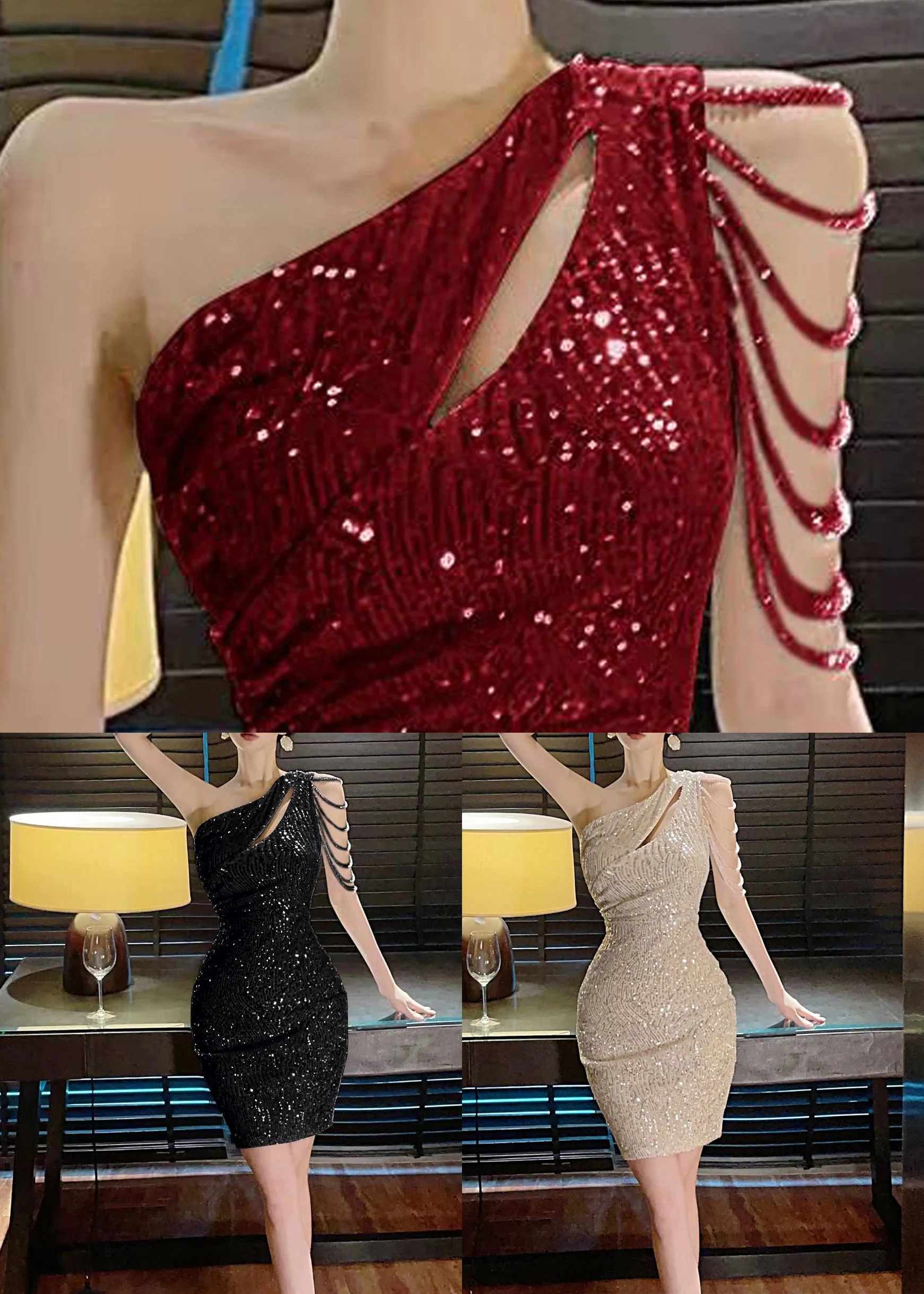 Handmade Black Asymmetrical Sequins Party Dress Sleeveless - Image 5