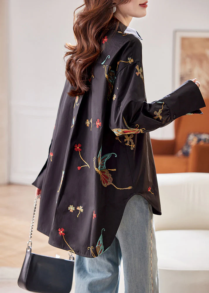 Handmade Black Embroidered Butterfly Low High Design Cotton Shirt Fall - Image 5