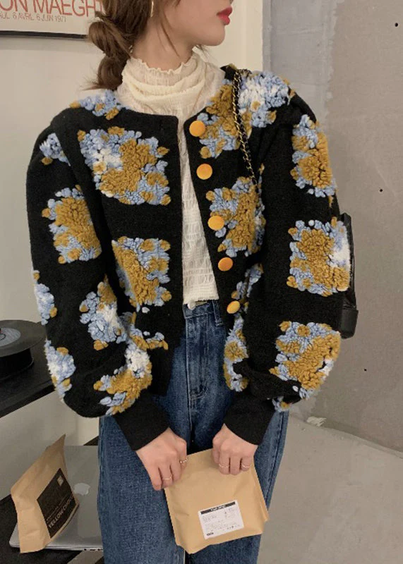 Handmade Black Embroidered Floral Faux Fur Jacket Spring