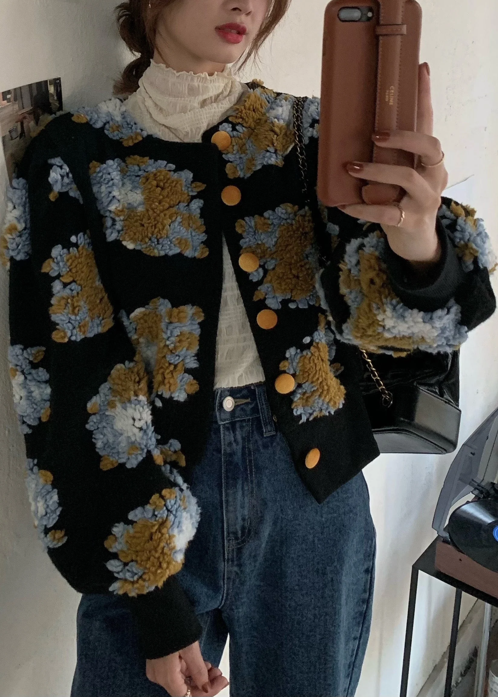 Handmade Black Embroidered Floral Faux Fur Jacket Spring - Image 3