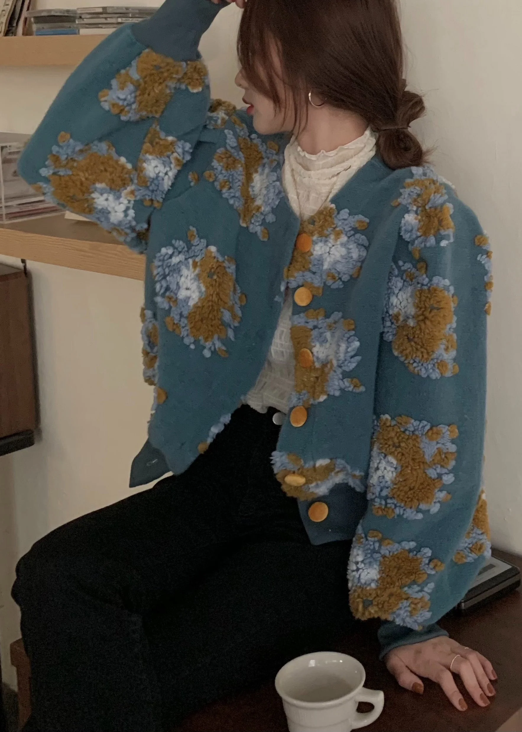Handmade Black Embroidered Floral Faux Fur Jacket Spring - Image 4