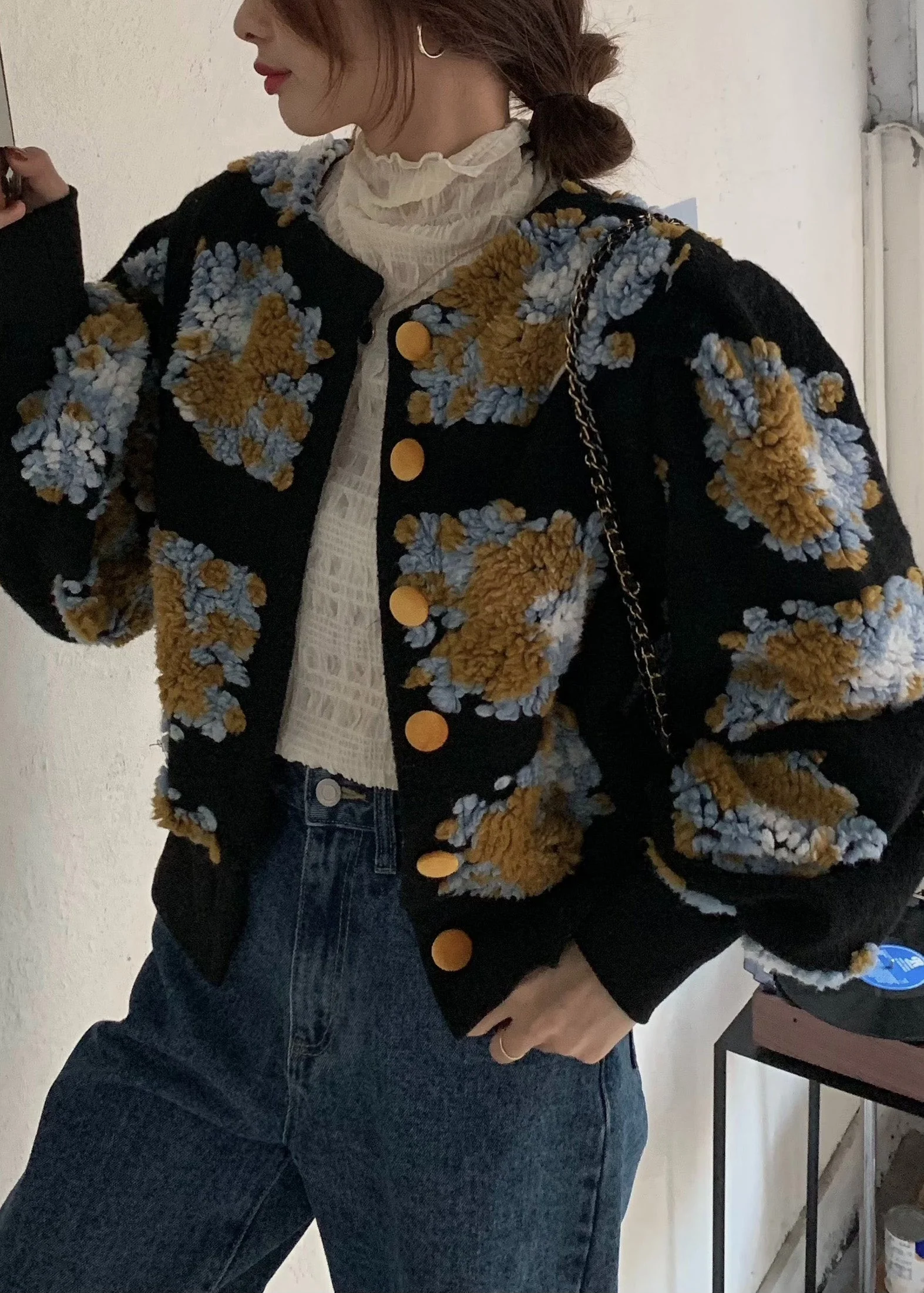 Handmade Black Embroidered Floral Faux Fur Jacket Spring - Image 5