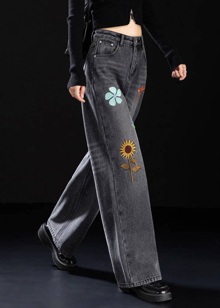 Handmade Black Embroidered Warm Fleece Denim Pants Winter - Image 3
