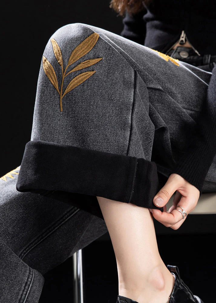 Handmade Black Embroidered Warm Fleece Denim Pants Winter - Image 4