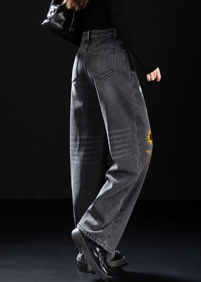 Handmade Black Embroidered Warm Fleece Denim Pants Winter - Image 5