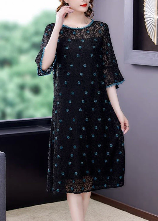 Handmade Black Embroideried Hollow Out Silk Maxi Dresses Flare Sleeve - Image 2