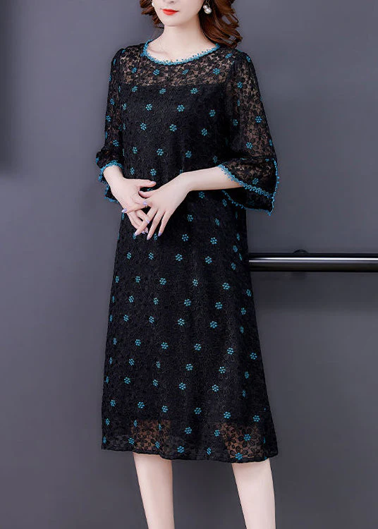 Handmade Black Embroideried Hollow Out Silk Maxi Dresses Flare Sleeve - Image 3
