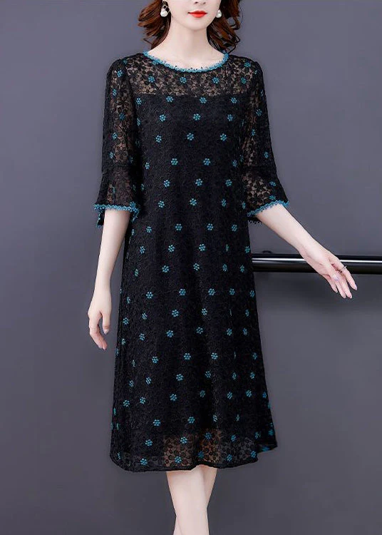 Handmade Black Embroideried Hollow Out Silk Maxi Dresses Flare Sleeve - Image 4