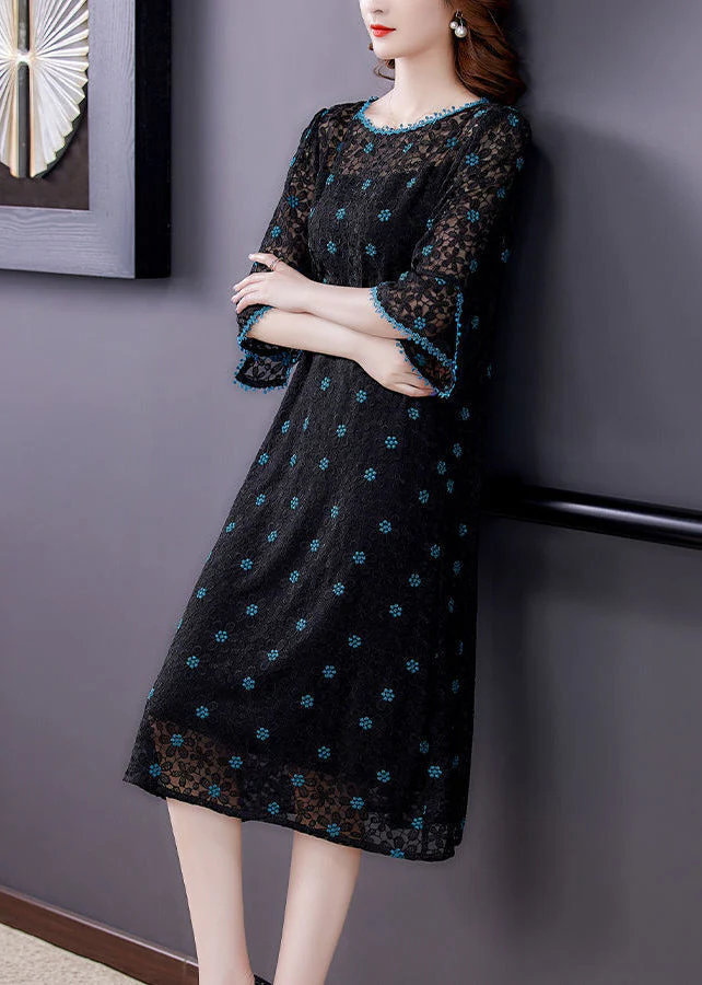 Handmade Black Embroideried Hollow Out Silk Maxi Dresses Flare Sleeve - Image 5