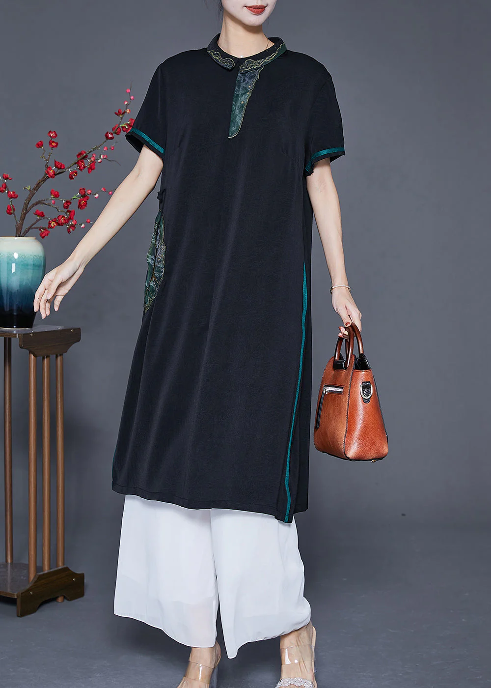 Handmade Black Embroideried Patchwork Silk Long Dresses Summer - Image 2