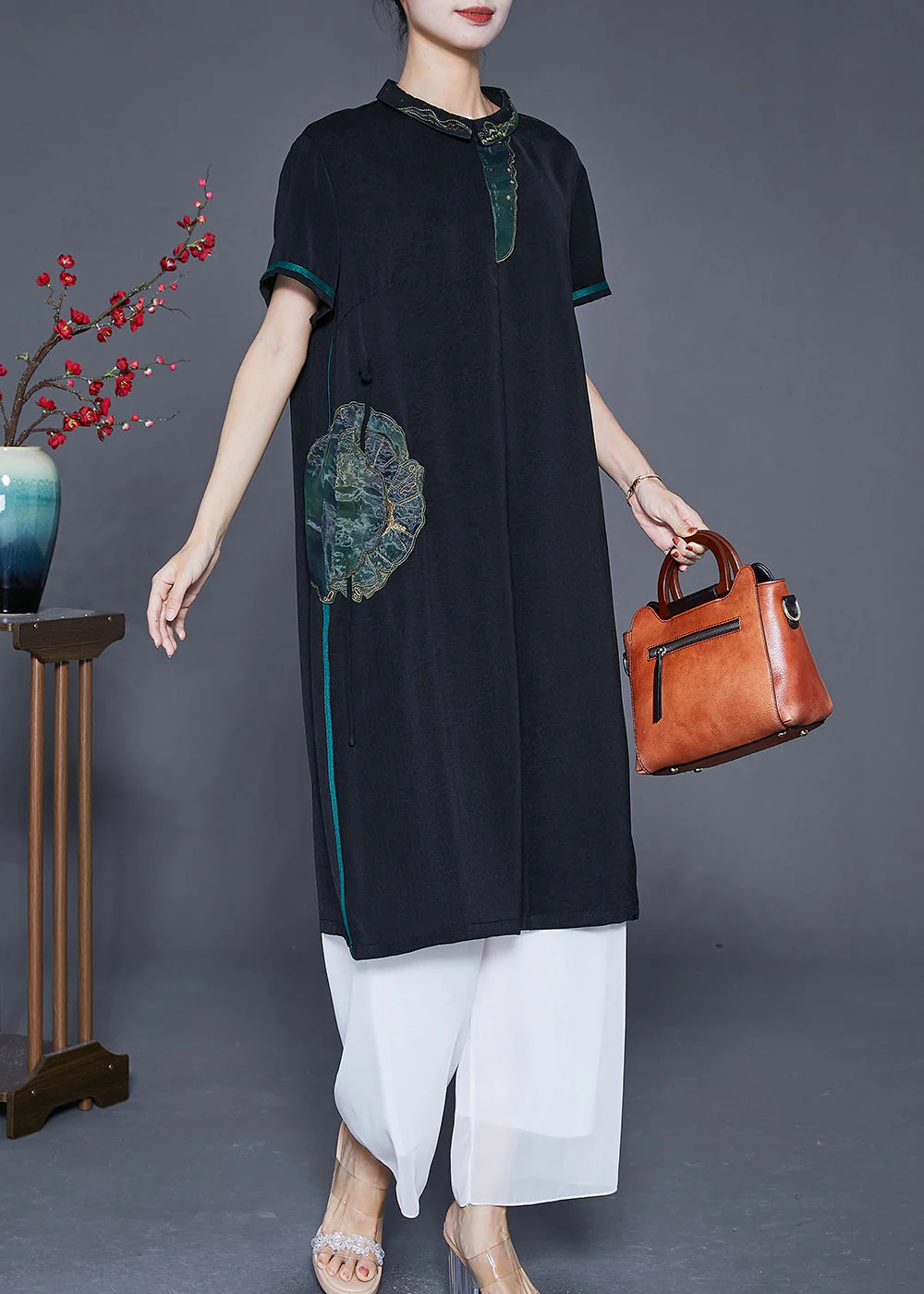 Handmade Black Embroideried Patchwork Silk Long Dresses Summer - Image 3