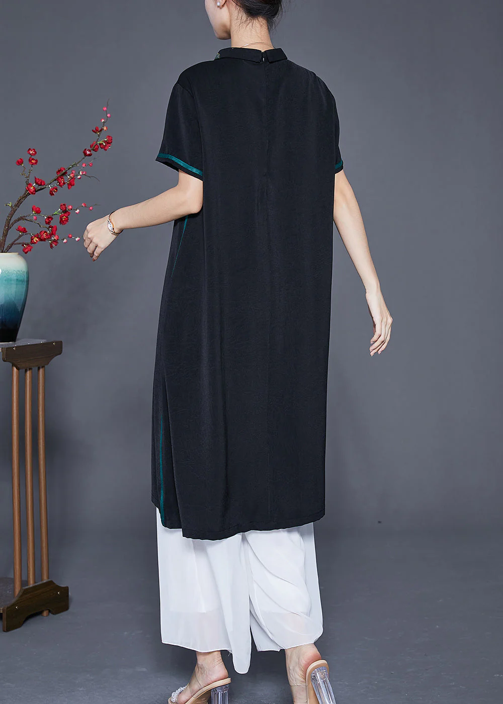 Handmade Black Embroideried Patchwork Silk Long Dresses Summer - Image 4