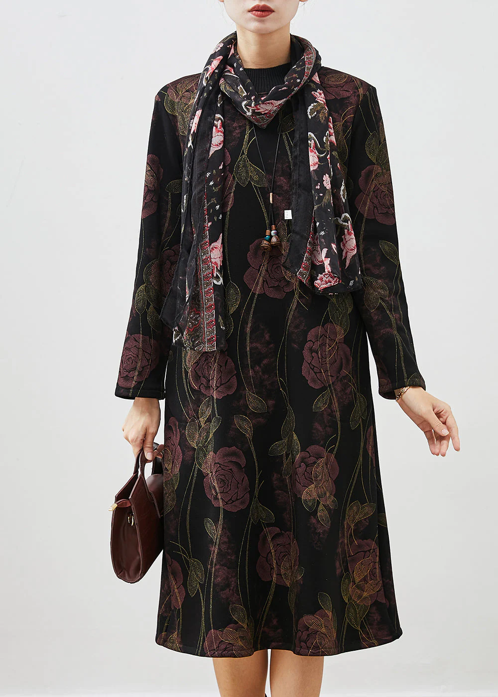 Handmade Black Floral Warm Fleece Maxi Dresses Spring - Image 2